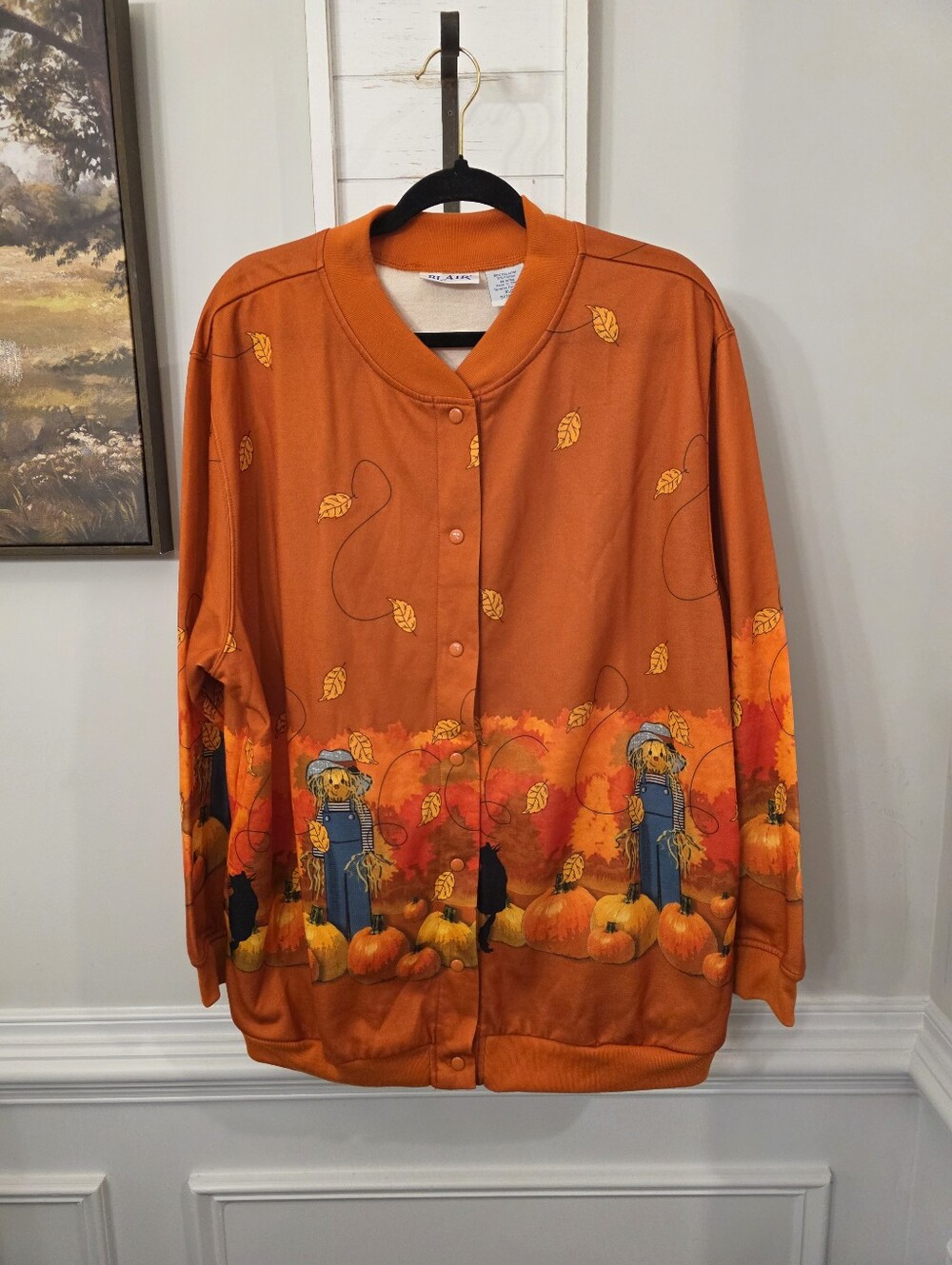 VTG 90s Blair Autumn Pumpkin Scarecrow Black Cat Snap Front Sweatshirt Jacket XL
